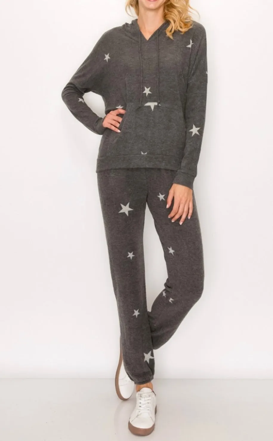 Comfy hoodie top in our  charcoal stars print cozy brushed jersey