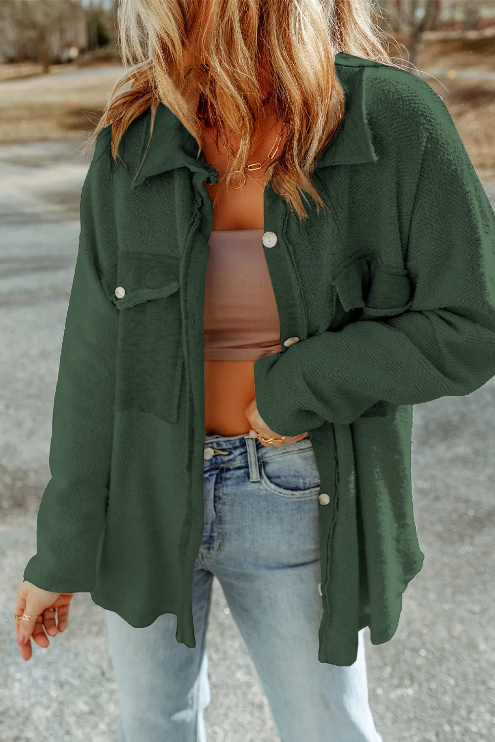 Contrast Flap Pockets Green Relaxed Shacket