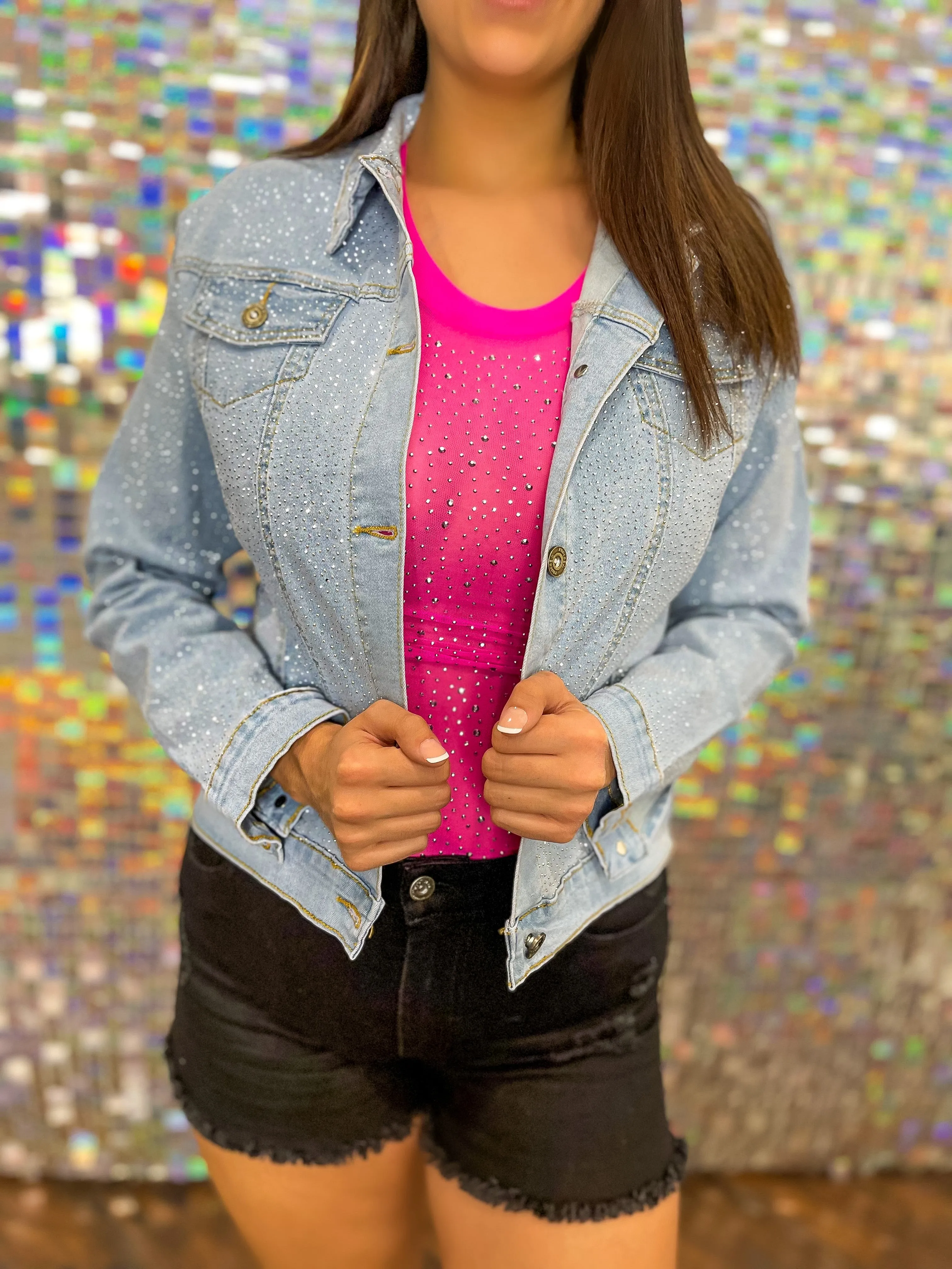 Crazy Crush Rhinestone Denim Jacket - Light Wash