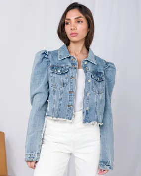 Cropped Puff Sleeve Button-Front Denim Jacket 2679 - جاكيت