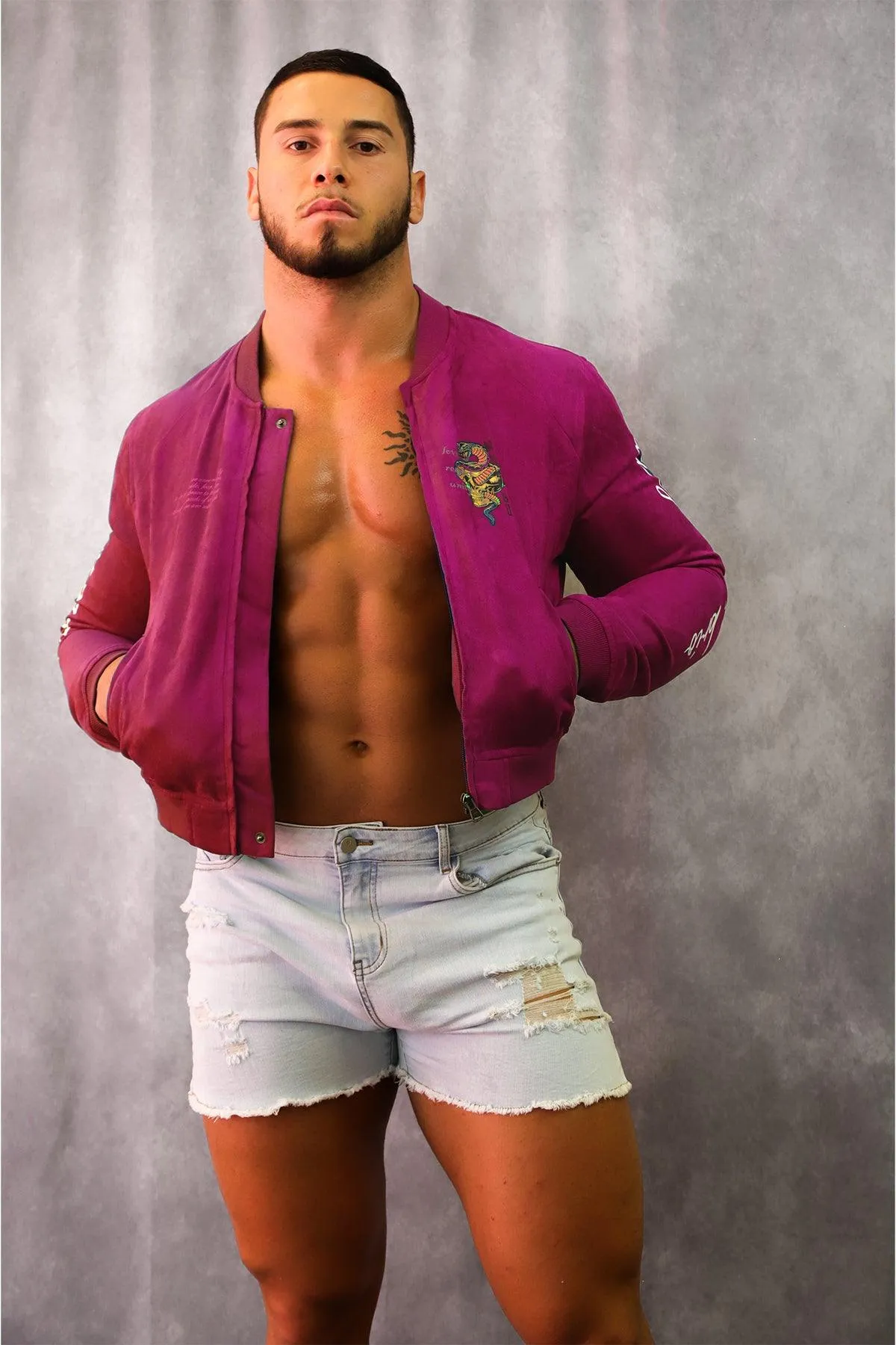 Cropped Suede Bomber Jacket - Magenta