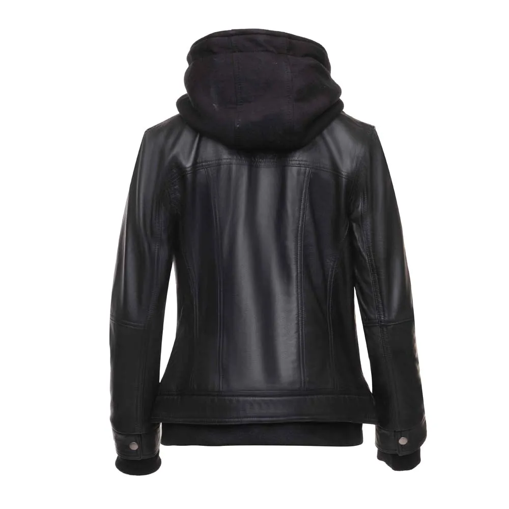 Daphne Black Leather Jacket With Fleece Hoodie