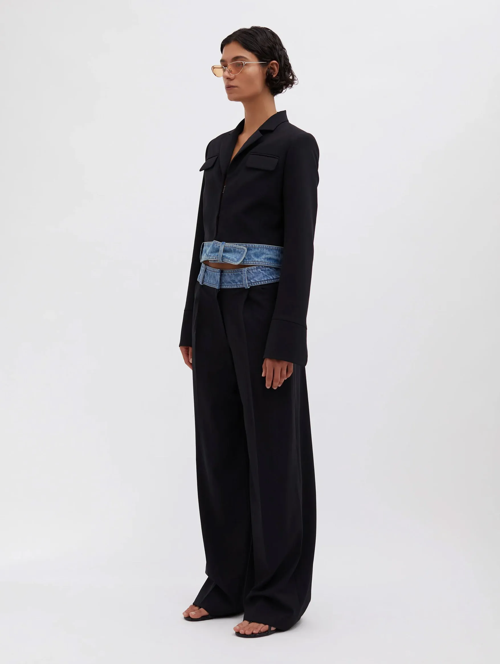 Deconstruct Denim Waisted Wool Trouser in Black Indigo