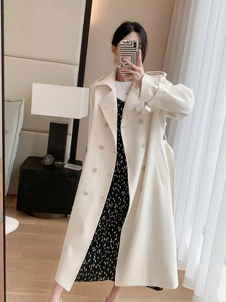 Double Breasted Buckle Belt Notched Lapel Trench Coat