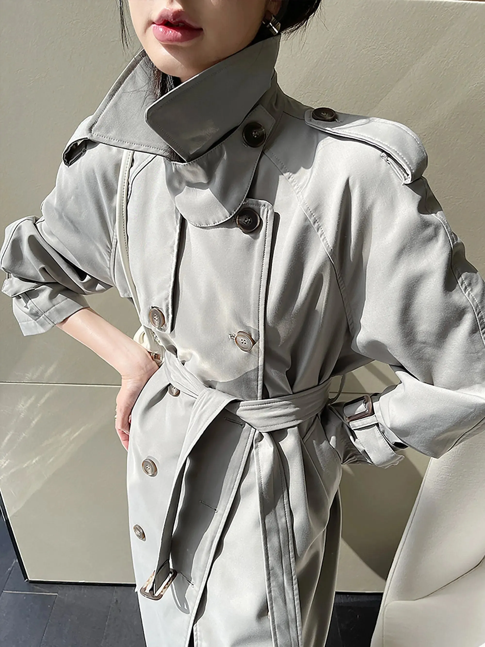 Double Breasted Buckle Belt Notched Lapel Trench Coat