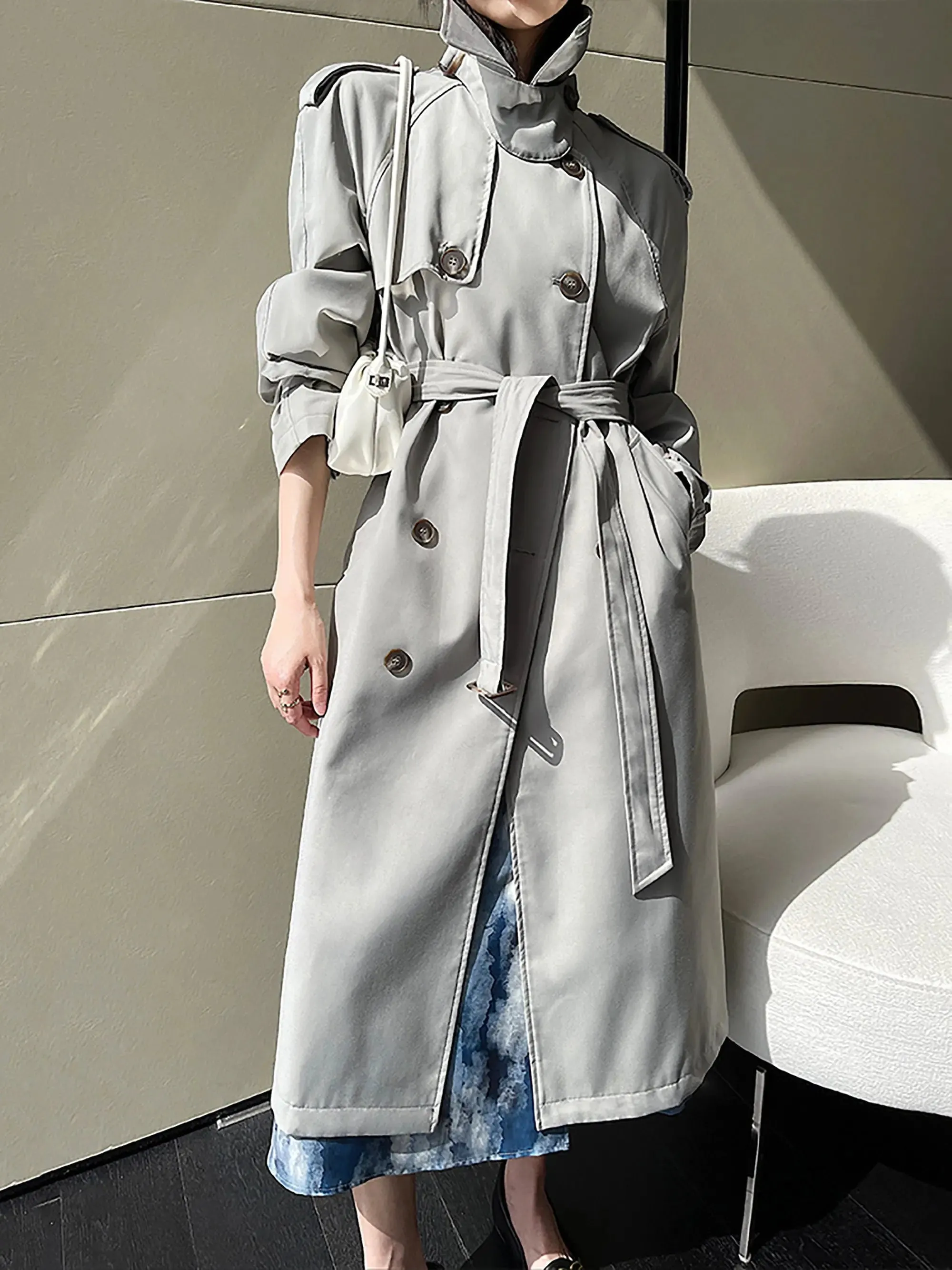 Double Breasted Buckle Belt Notched Lapel Trench Coat