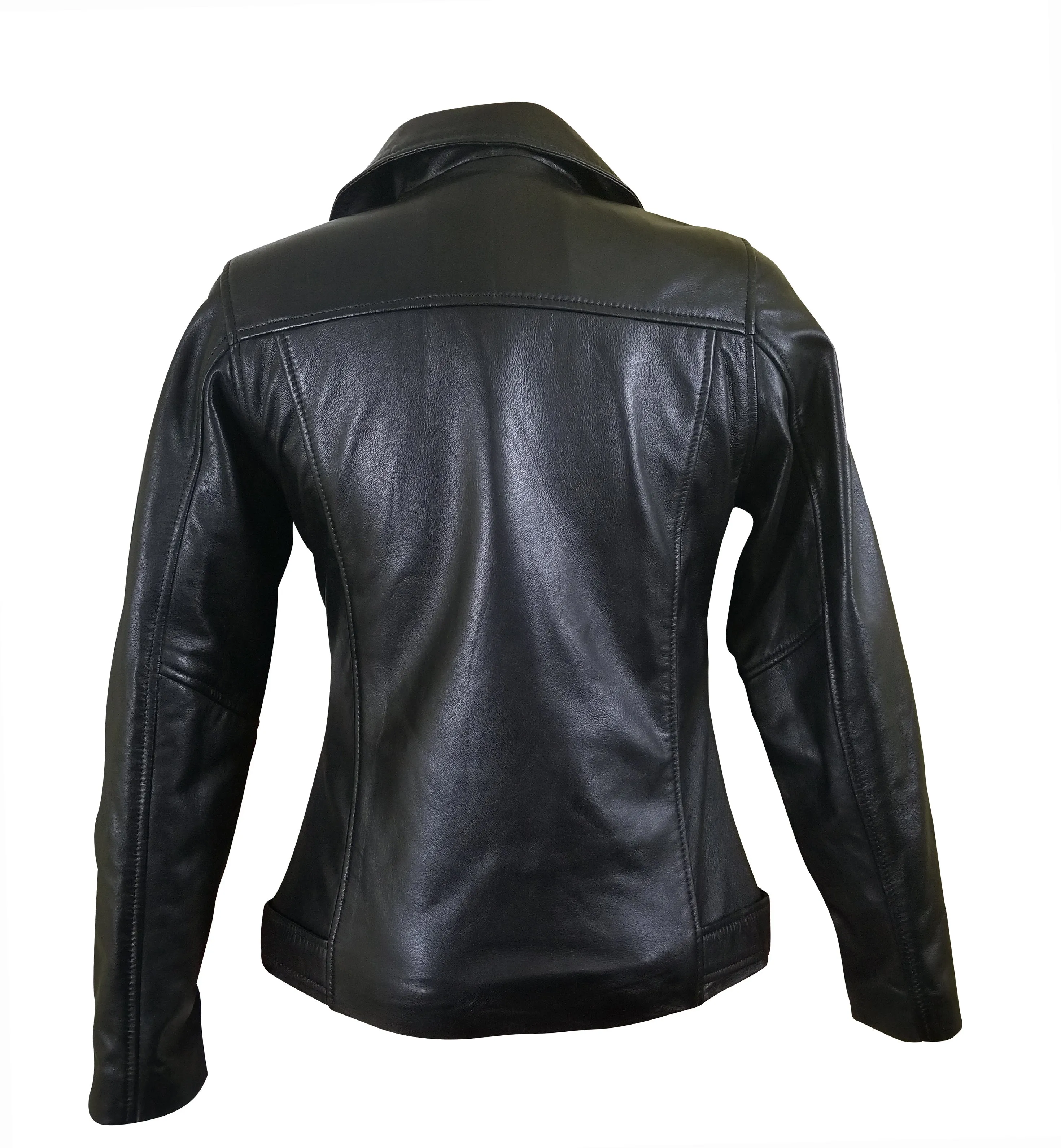 Emilie's black biker style leather jacket with waist belt