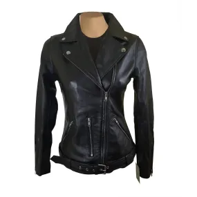 Emilie's black biker style leather jacket with waist belt