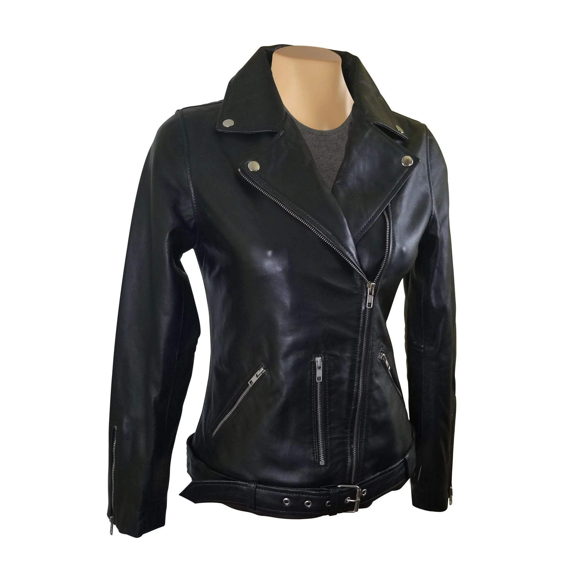 Emilie's black biker style leather jacket with waist belt