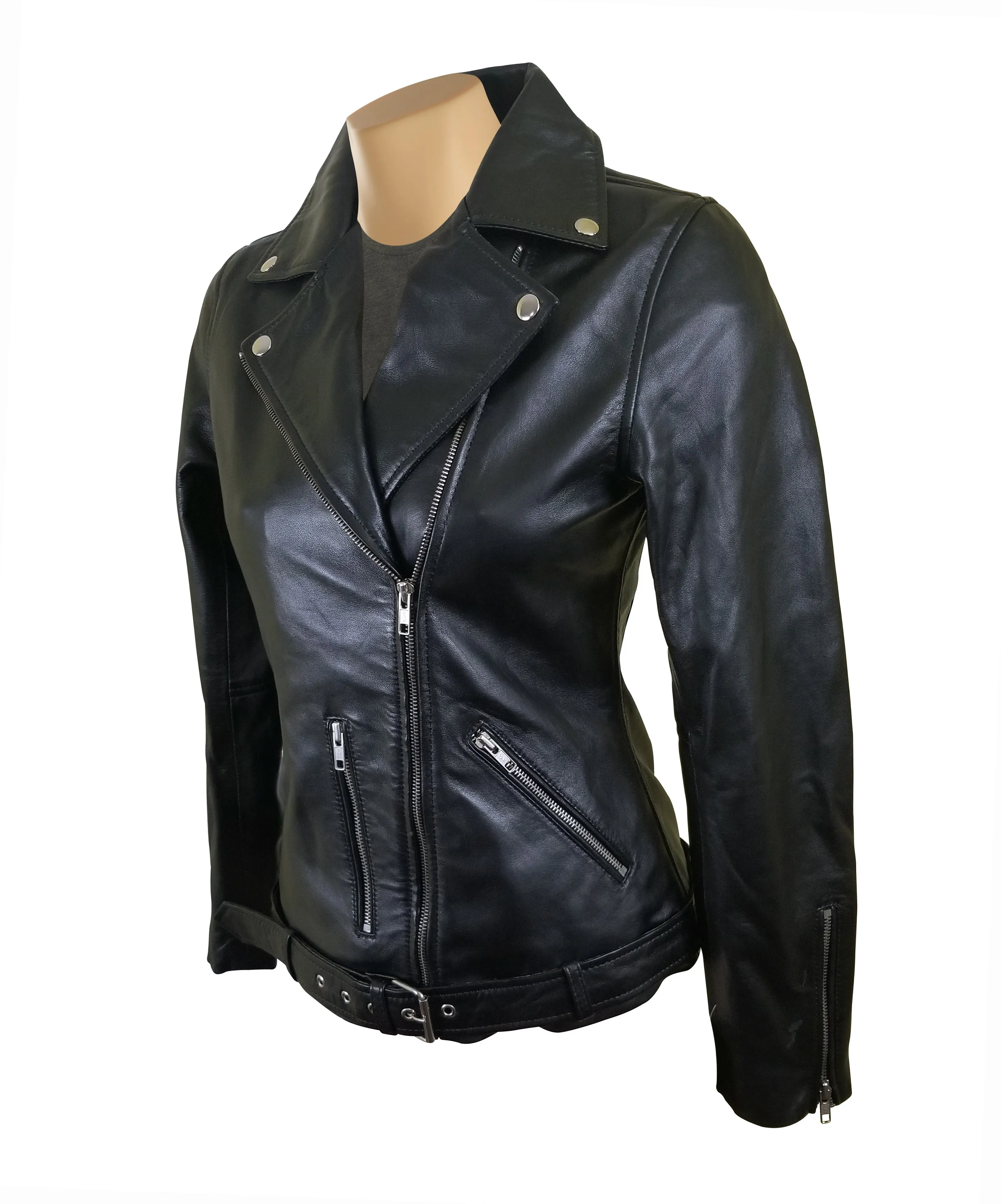 Emilie's black biker style leather jacket with waist belt