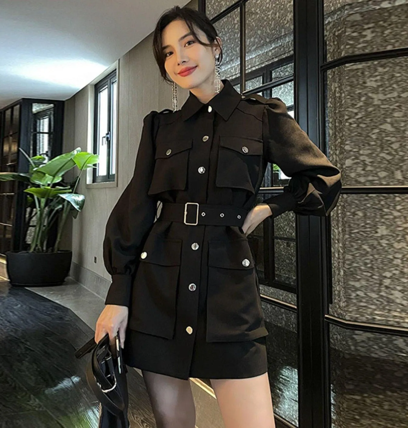 Epaulet Belted Puff Sleeve Flap Pocket Jacket