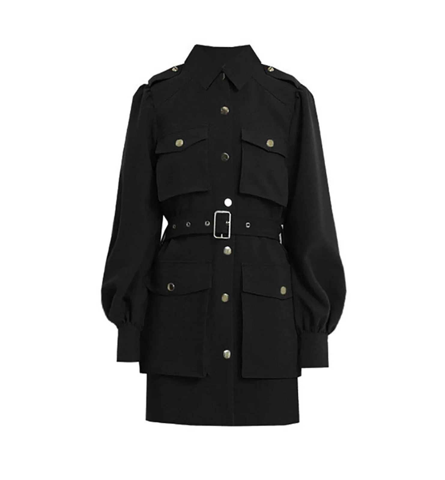 Epaulet Belted Puff Sleeve Flap Pocket Jacket