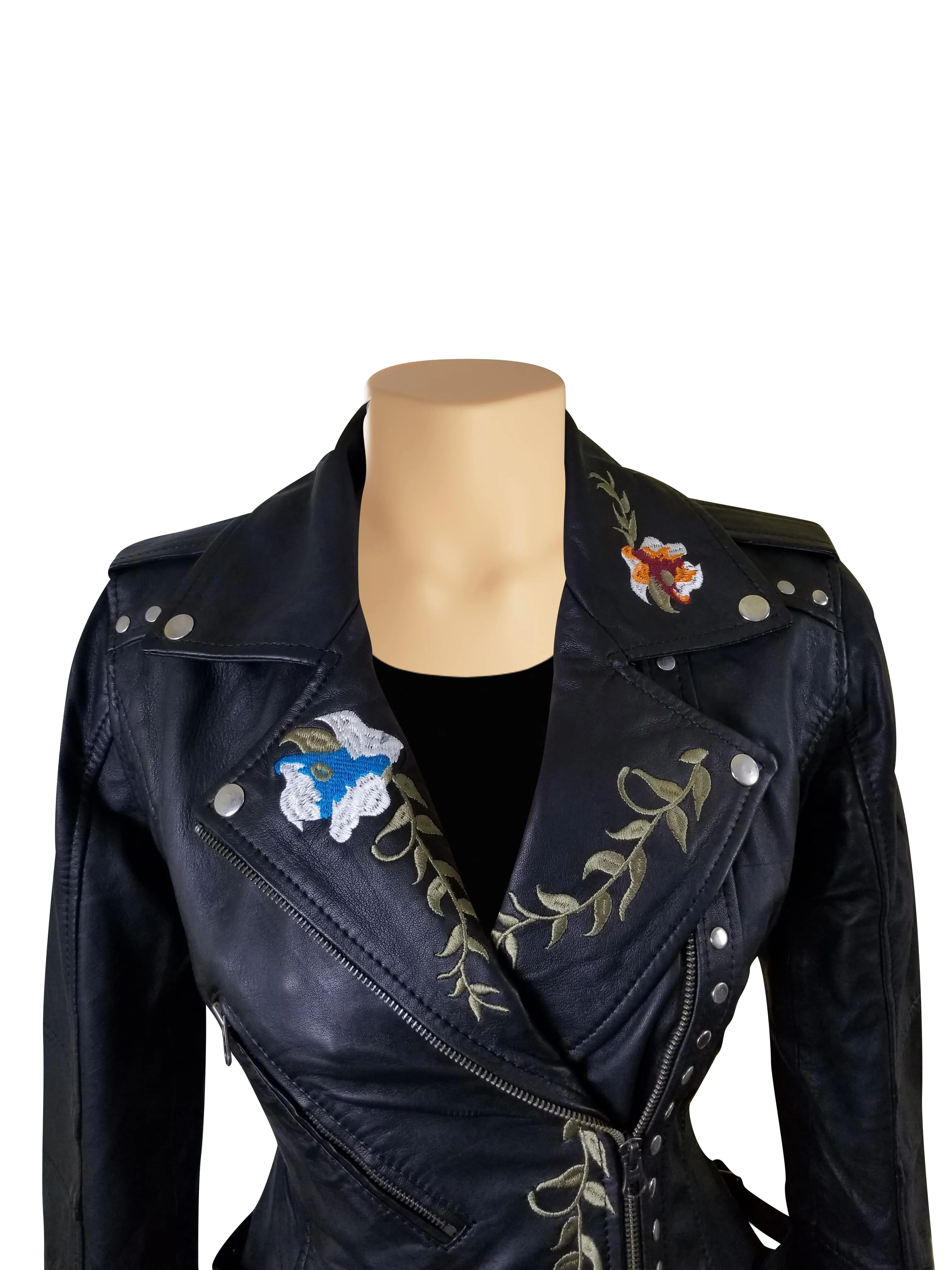 Flowery Embroidered Leather Jacket With Studs