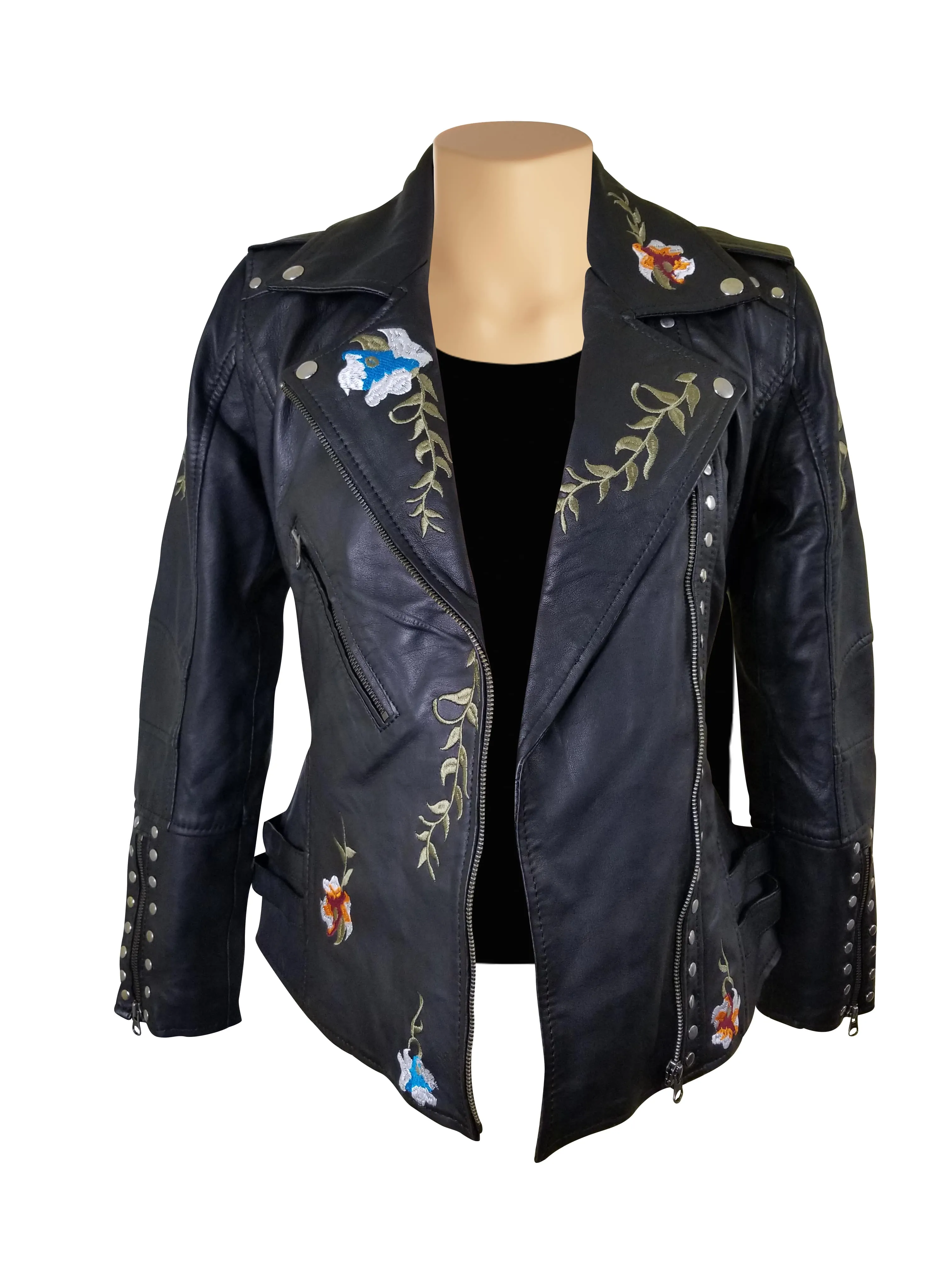 Flowery Embroidered Leather Jacket With Studs