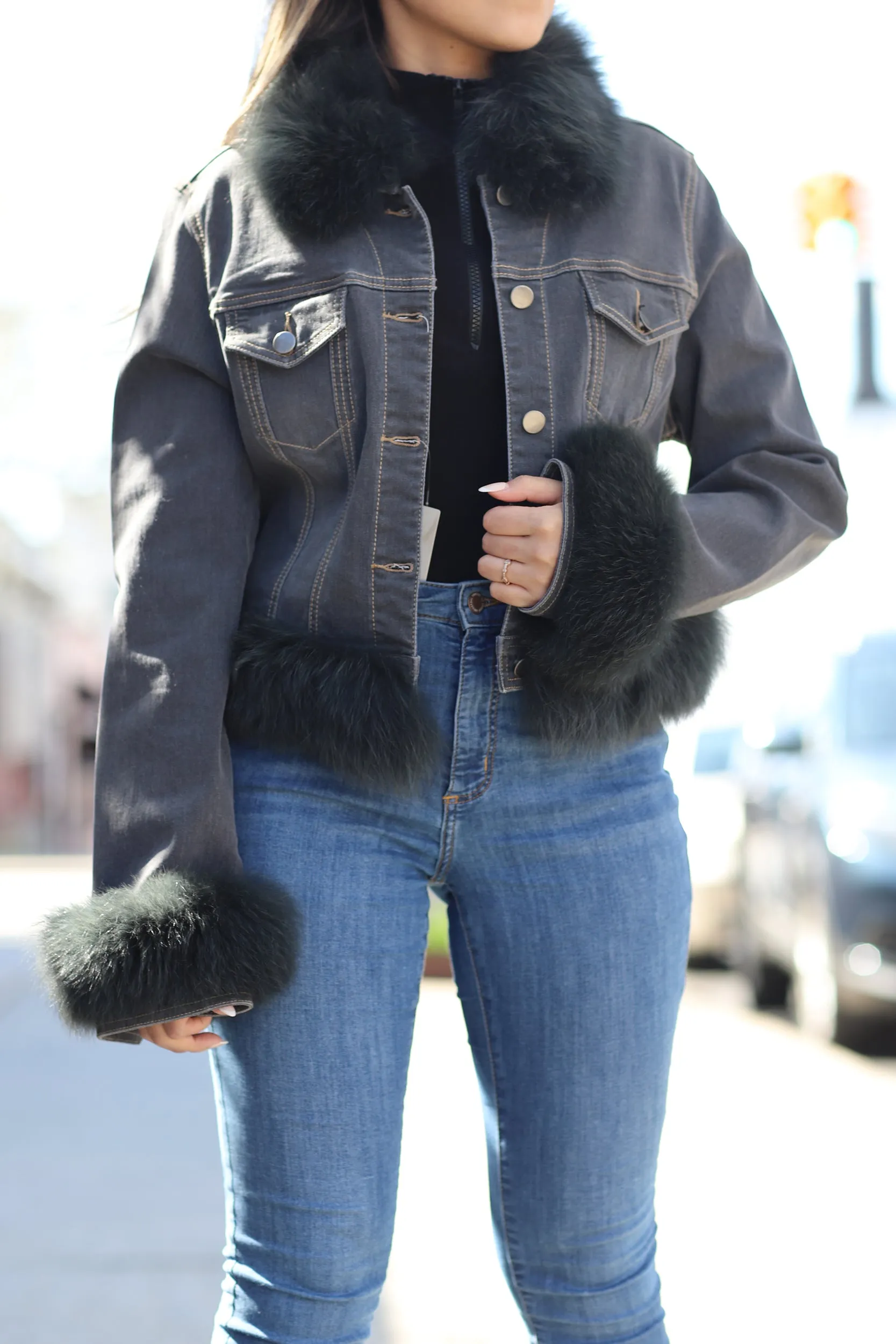 Fox Fur Denim Jacket - Black/Grey