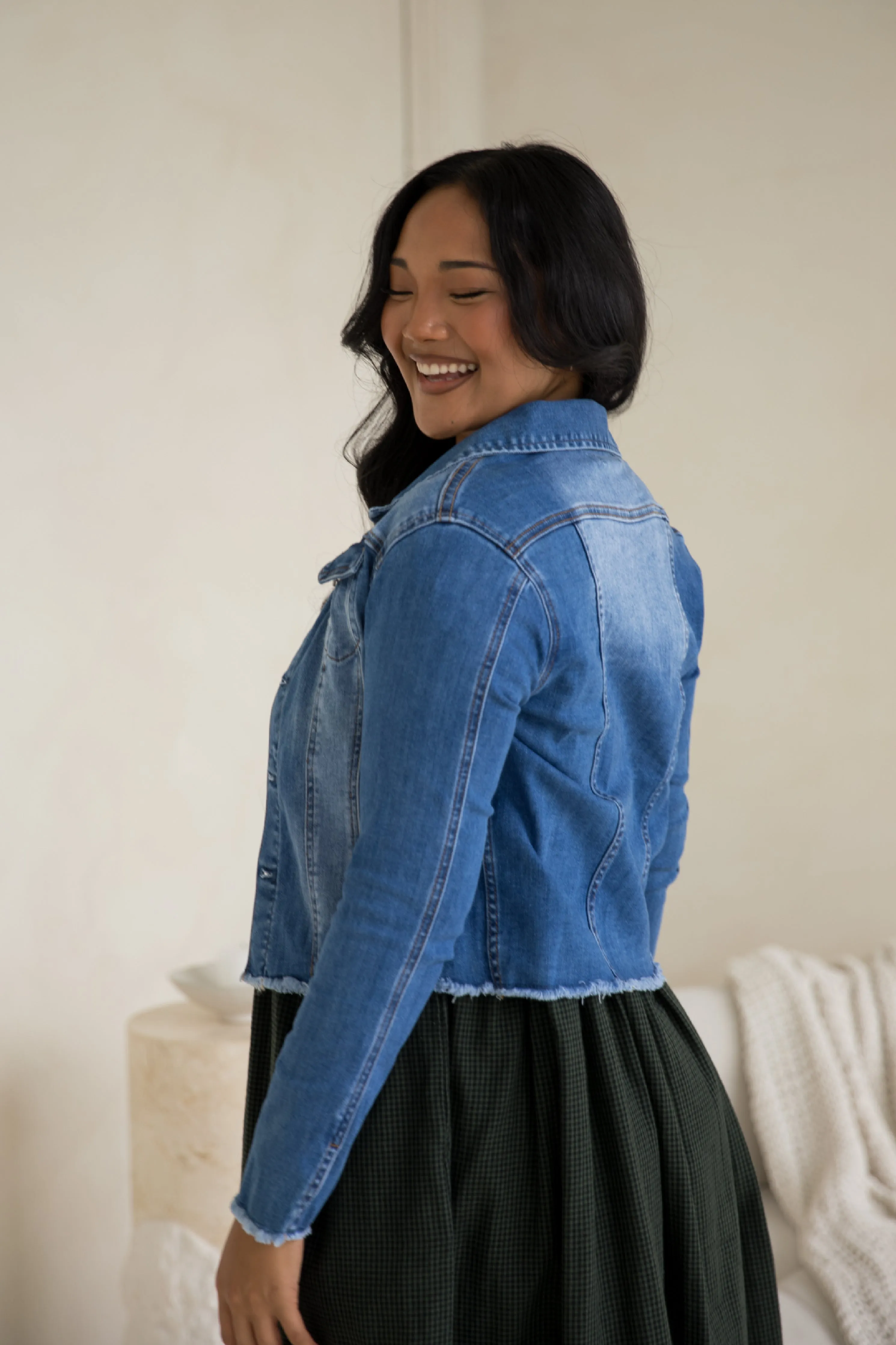 Frayed Denim Jacket in Mid Wash