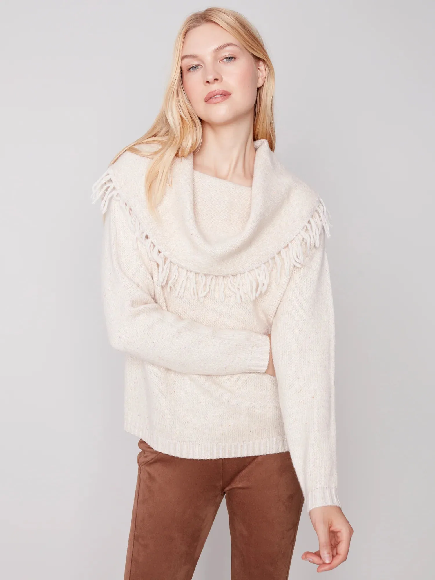 FRINGE COWL NECK SWEATER