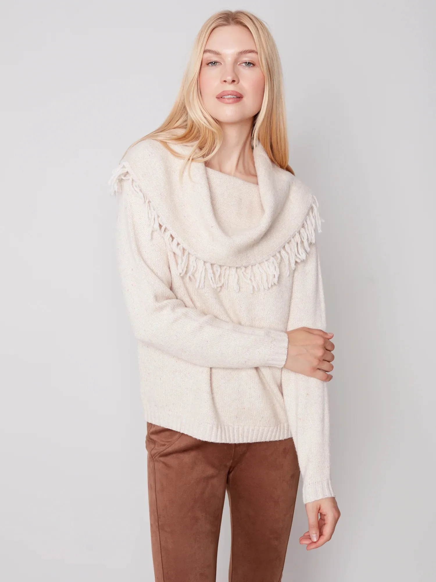 FRINGE COWL NECK SWEATER