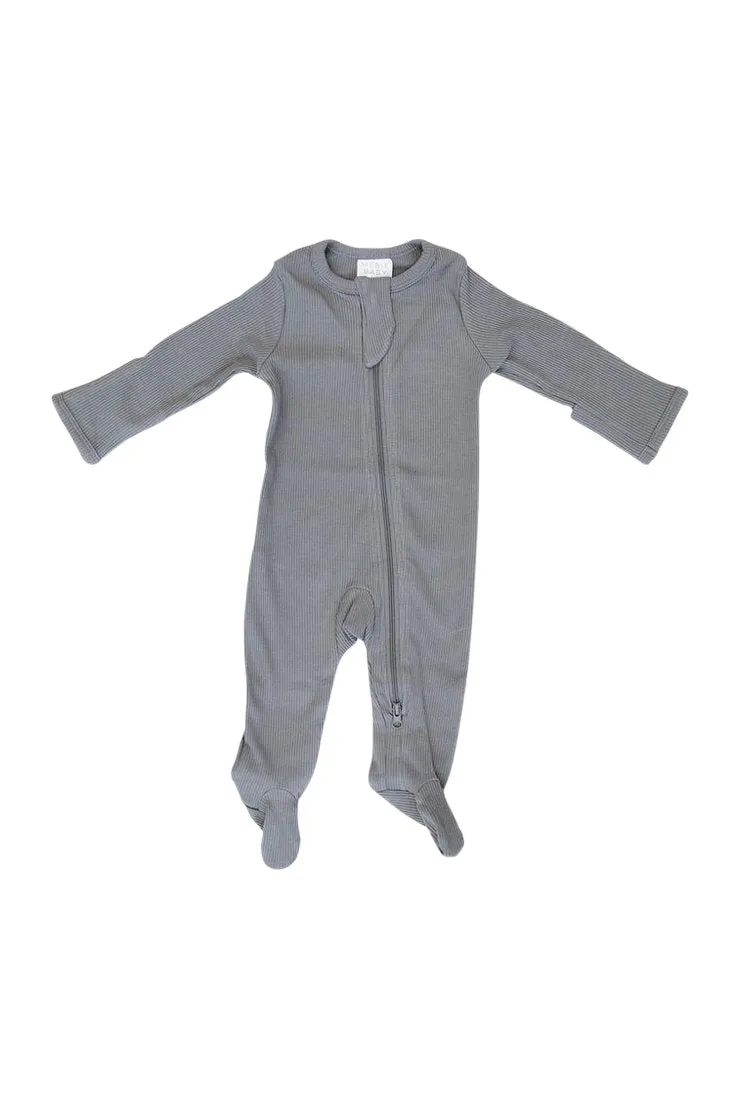 Grey Organic Cotton Ribbed Zipper Footie