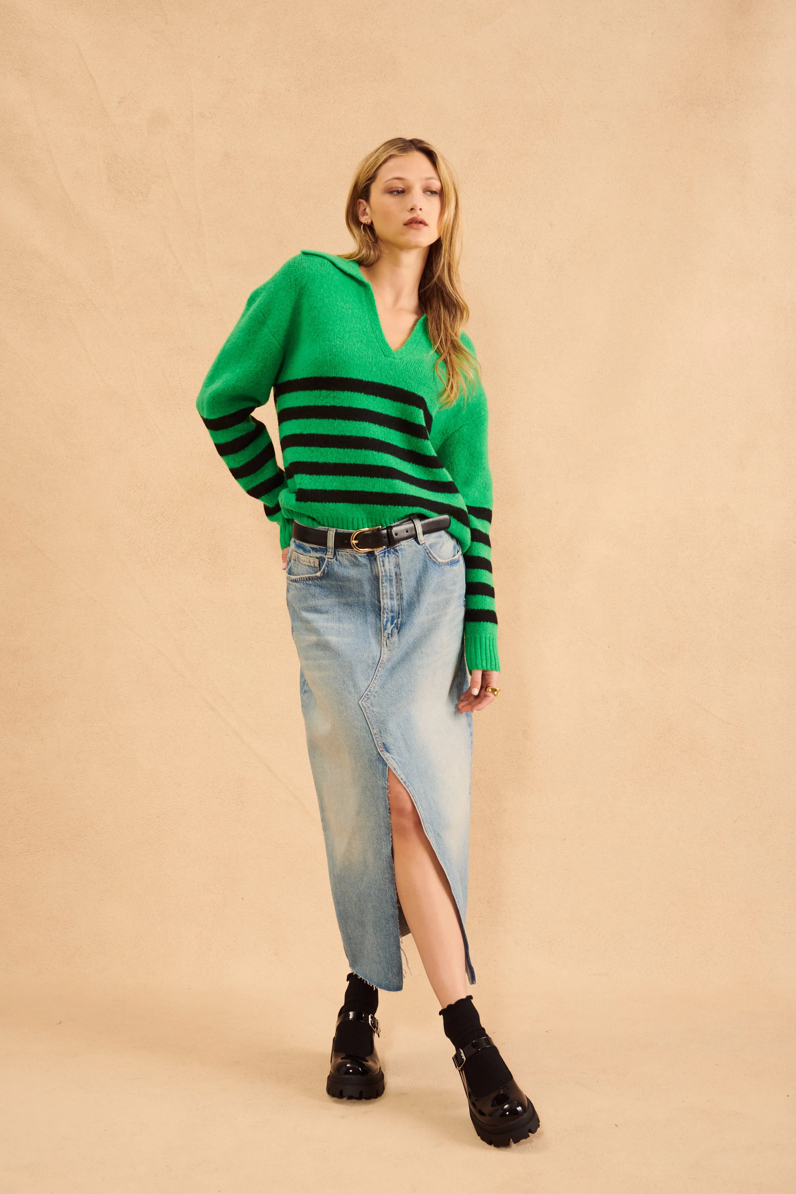 JAMESON STRIPED JOHNNY COLLAR SWEATER