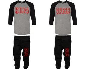 King Queen Couple Baseball Shirt and Jogger Pants, Matching Top Bottom Set