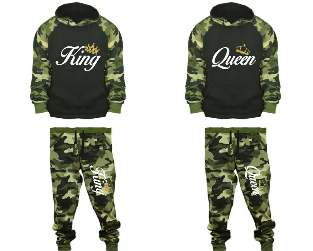 King Queen Couple Matching Camo Hoodies and Camo Jogger Pants Sold Separately