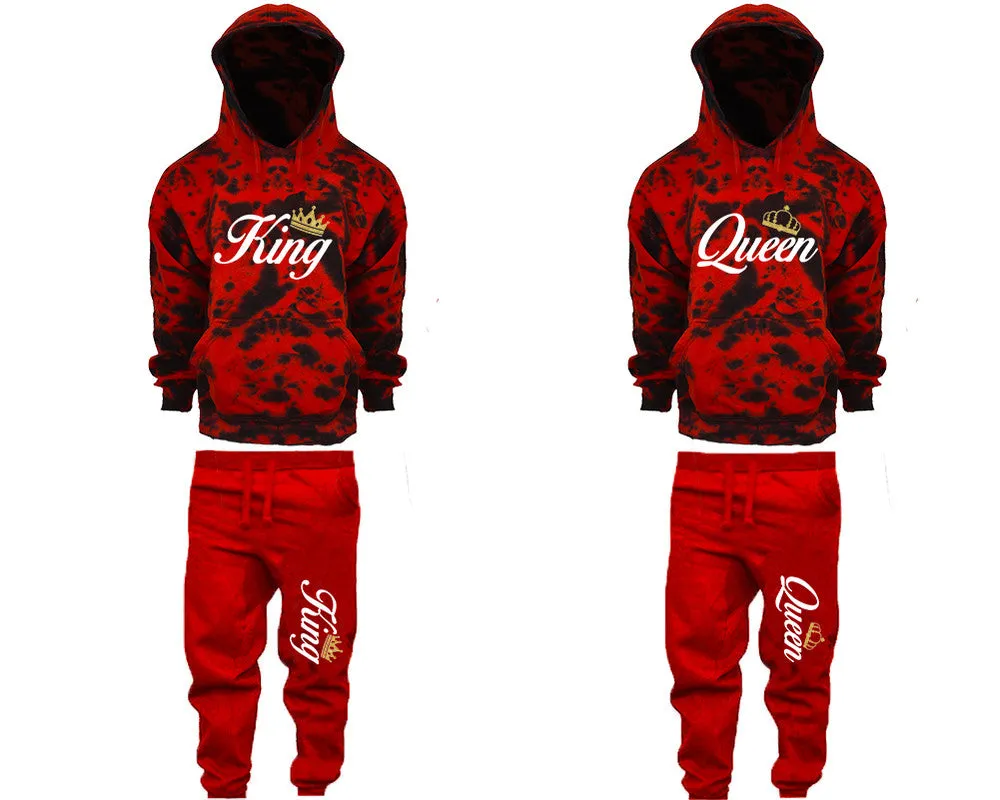 King Queen Couple Matching Tie Dye Hoodies and Fleece Jogger Pants Sets