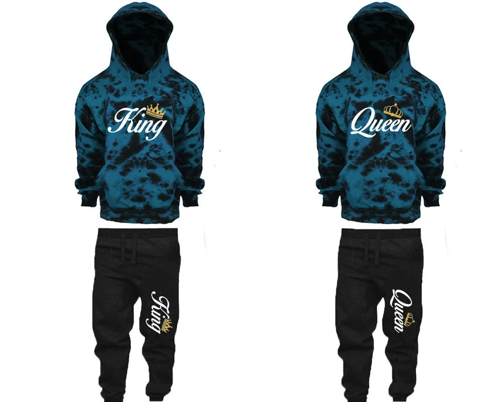 King Queen Couple Matching Tie Dye Hoodies and Fleece Jogger Pants Sets