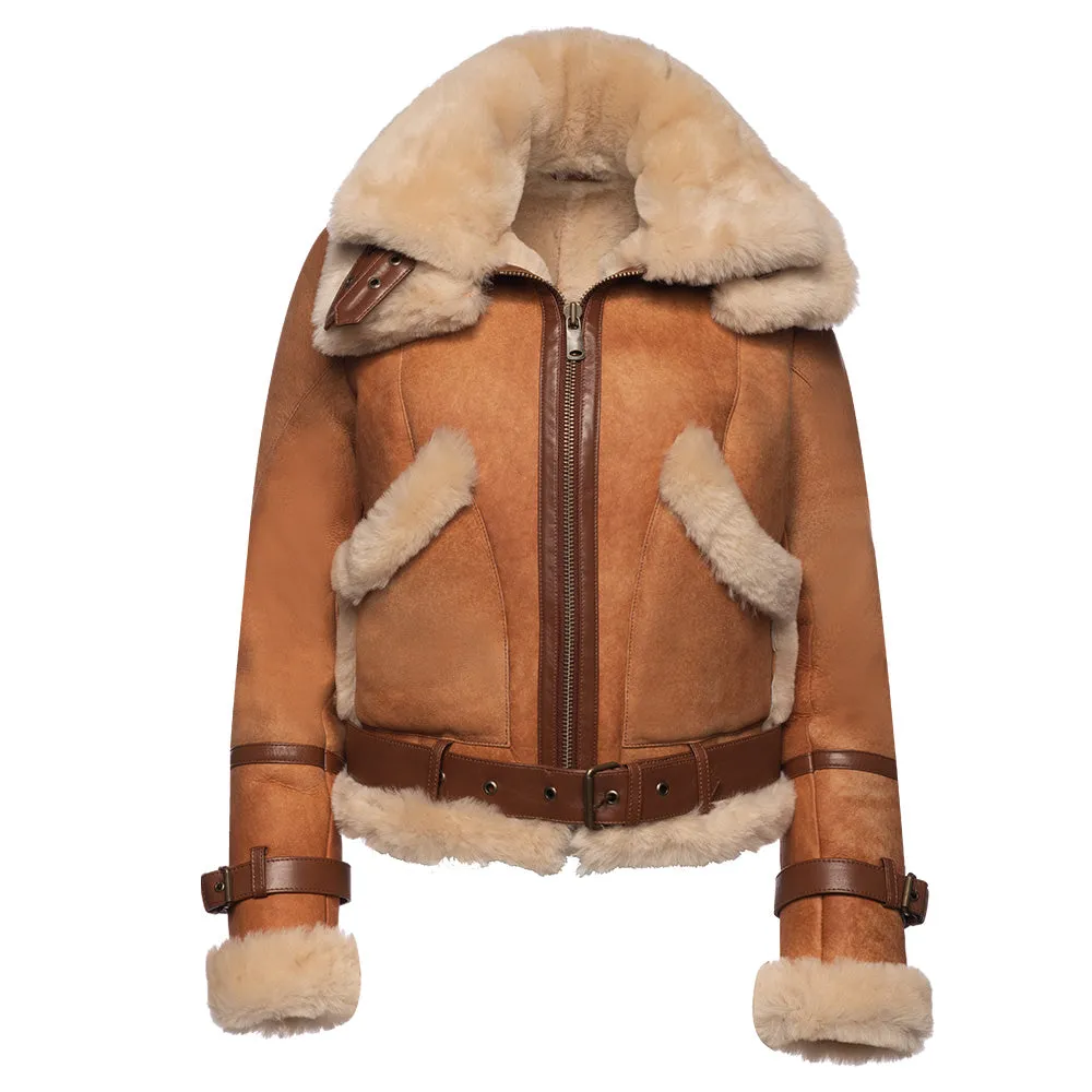 Kristy Vintage Cognac Womens Crop Shearling Bomber Jacket