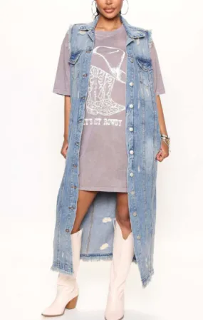 Long Sleeveless Denim Jacket