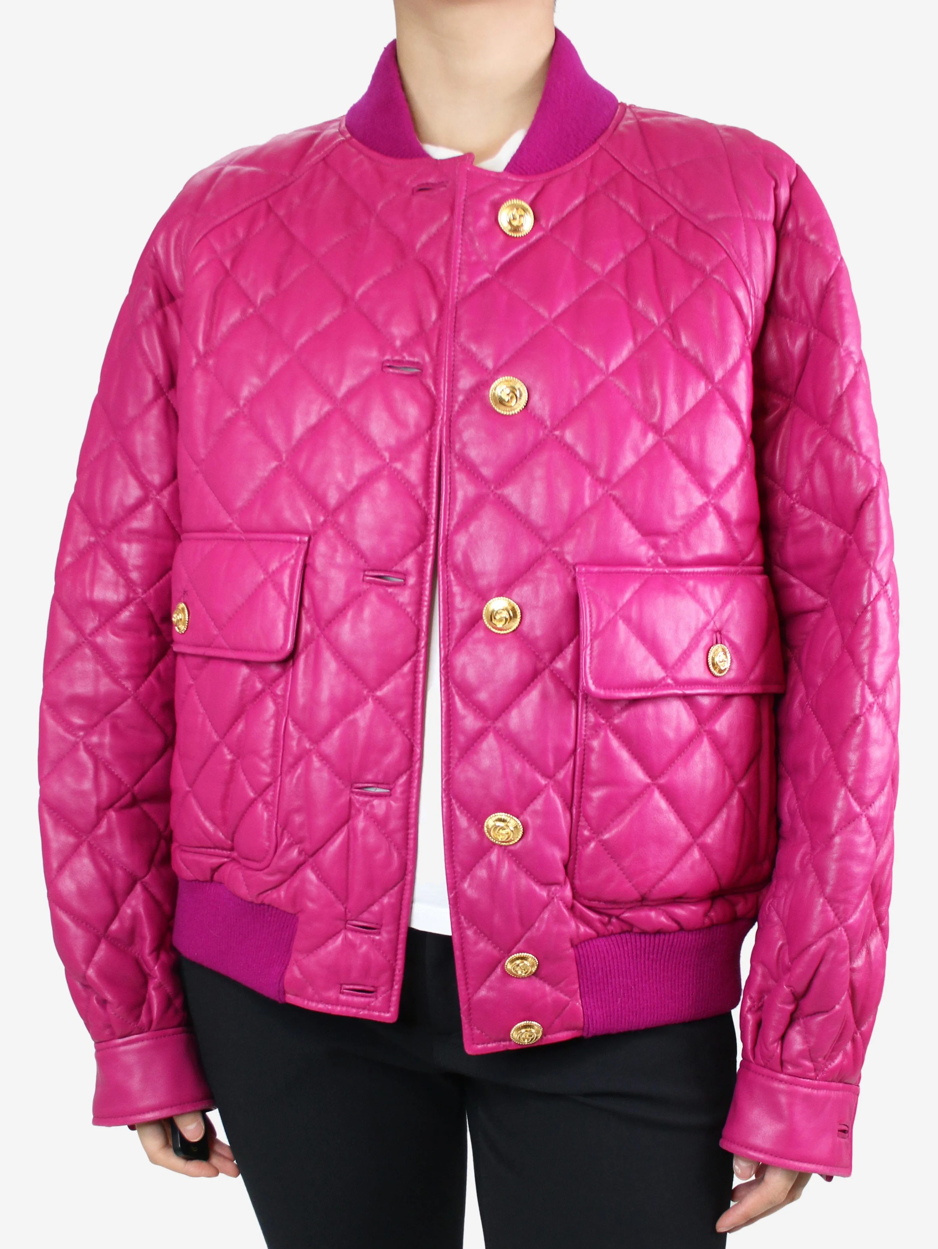 Magenta quilted leather bomber jacket - size IT 40