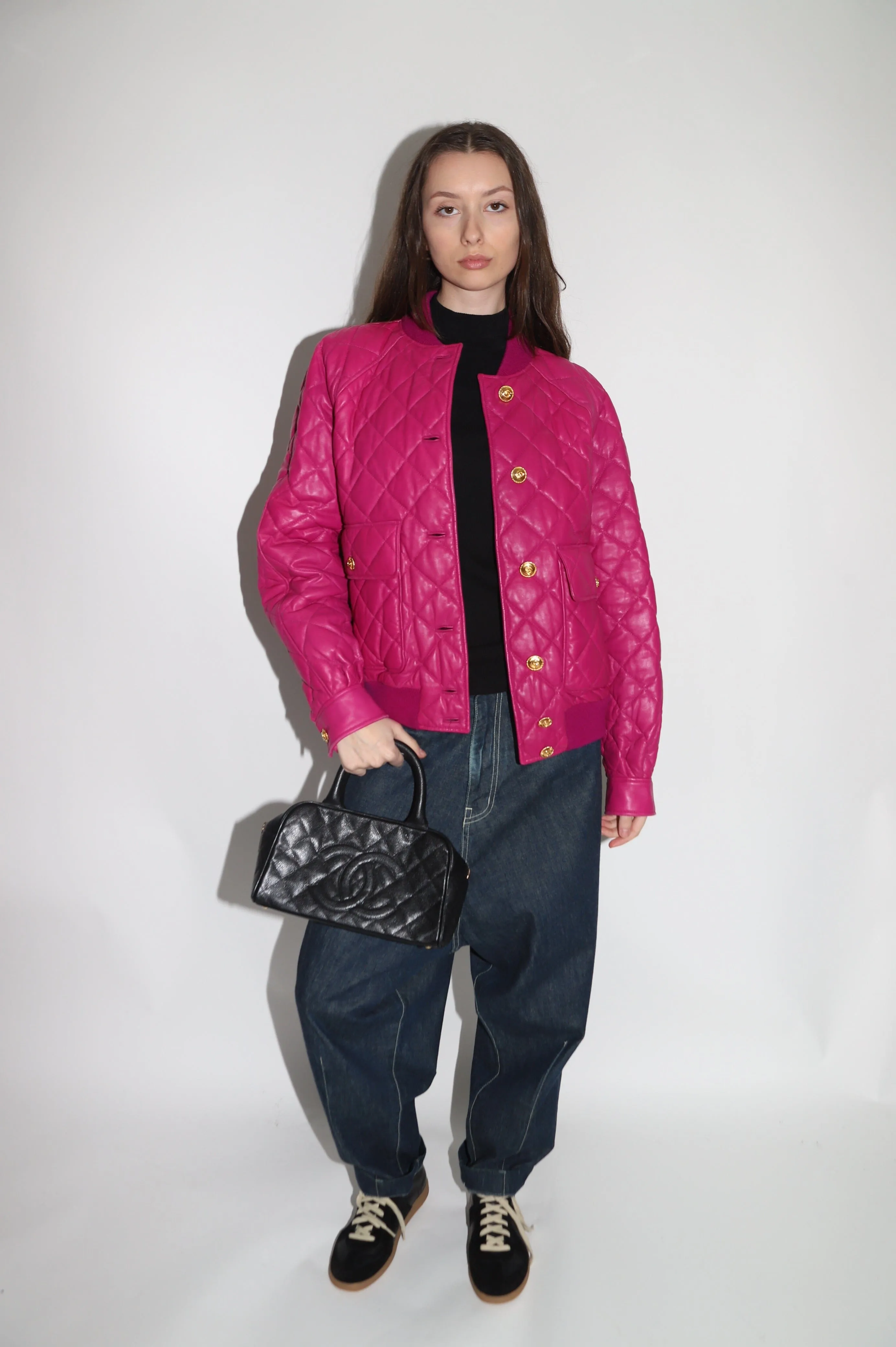 Magenta quilted leather bomber jacket - size IT 40