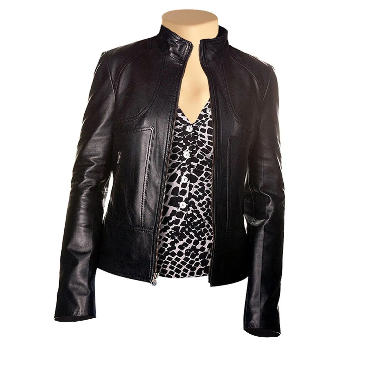 Maria’s Black Leather Jacket With Front Zipper