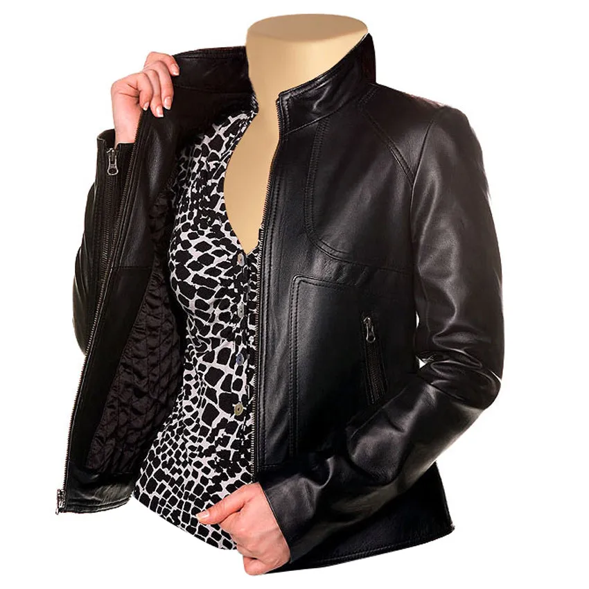 Maria’s Black Leather Jacket With Front Zipper