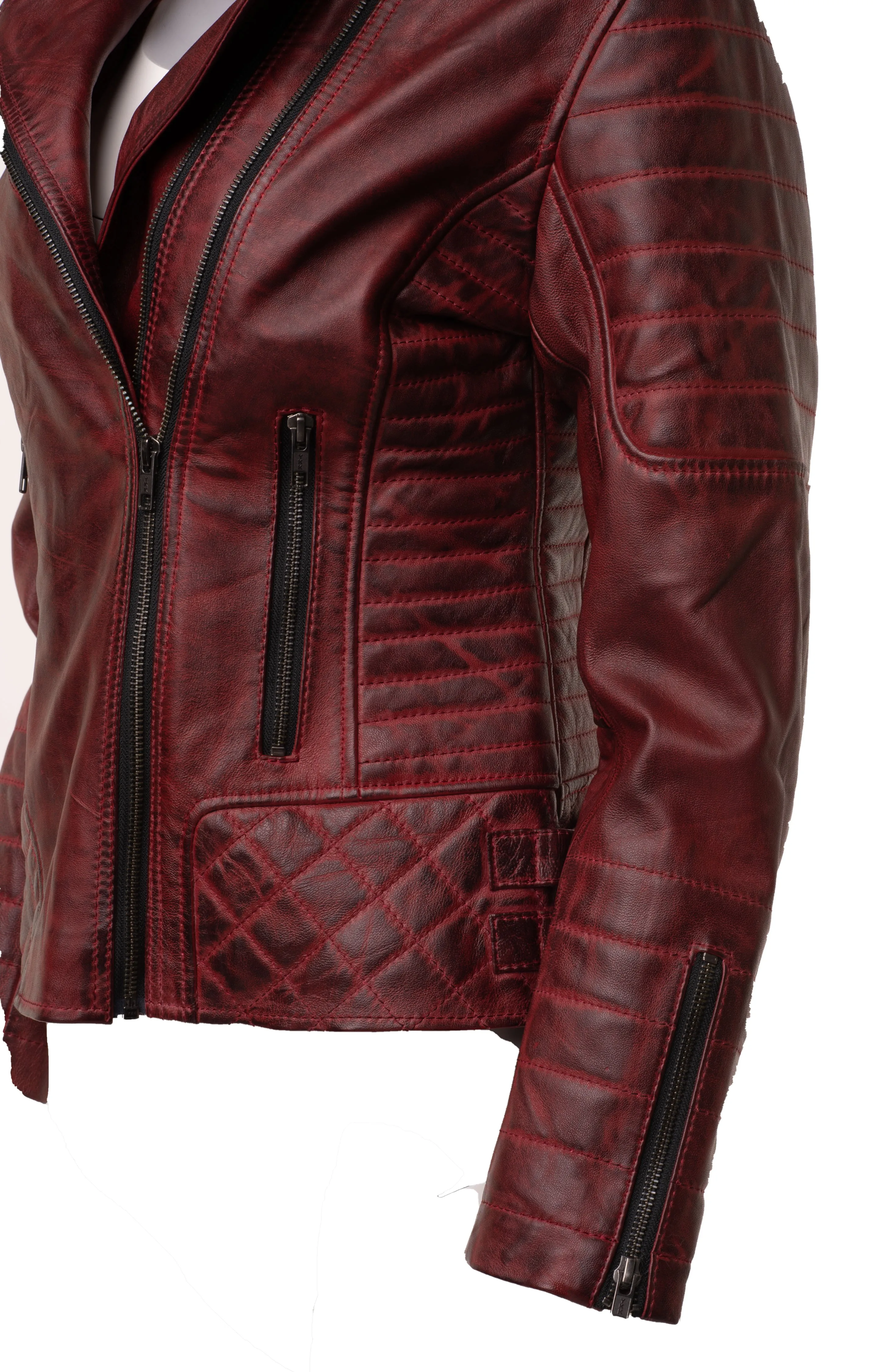 Marissa's Antique red diamond quilted leather jacket with double zipper