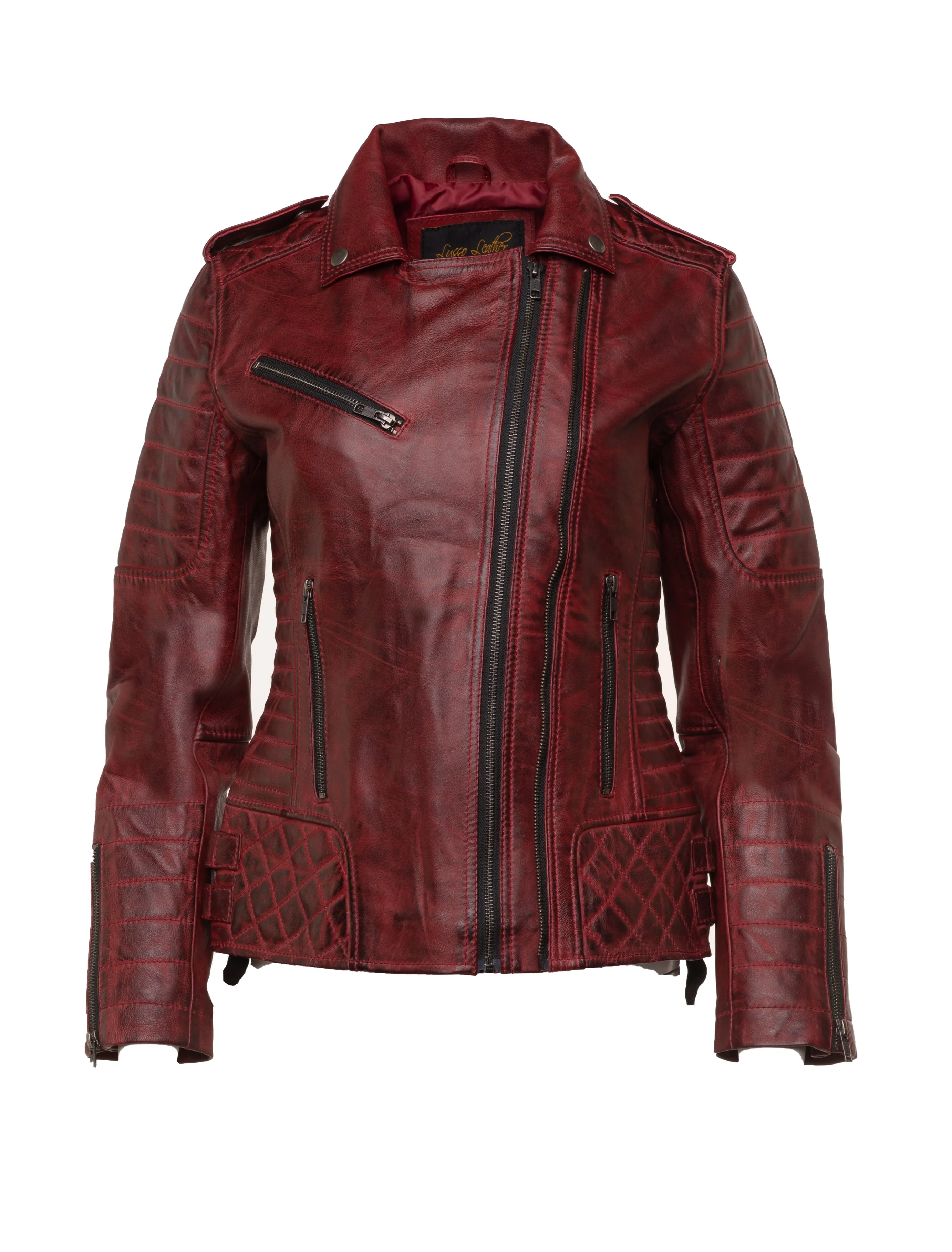 Marissa's Antique red diamond quilted leather jacket with double zipper