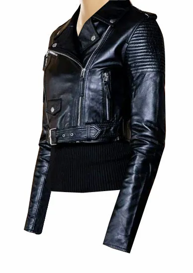 Martyna’s Black Crop Biker Leather Jacket With Waist Belt