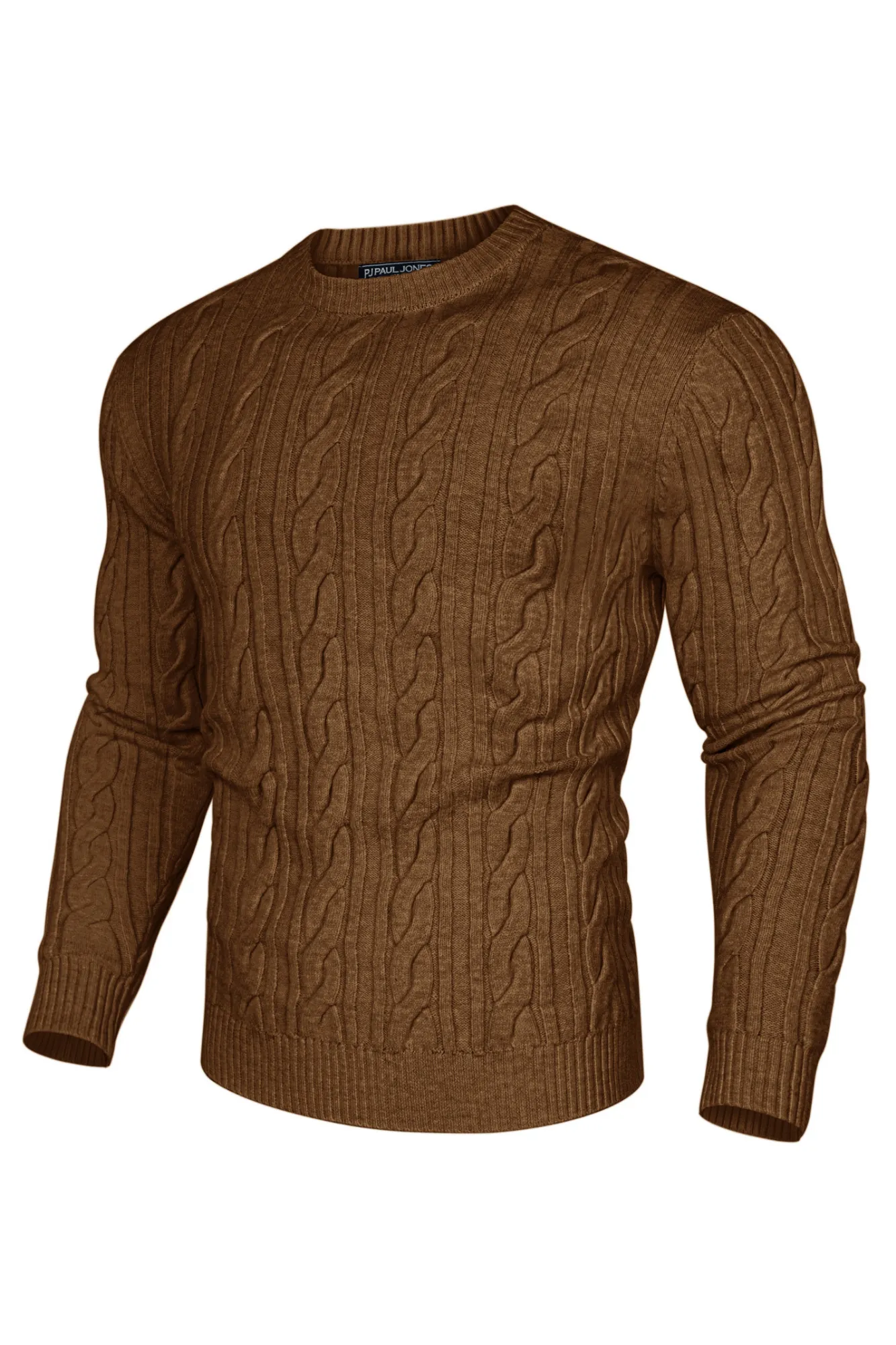 Men Cable Knitted Sweater Long Sleeve Crew Neck Ribbed Cuff Pullover