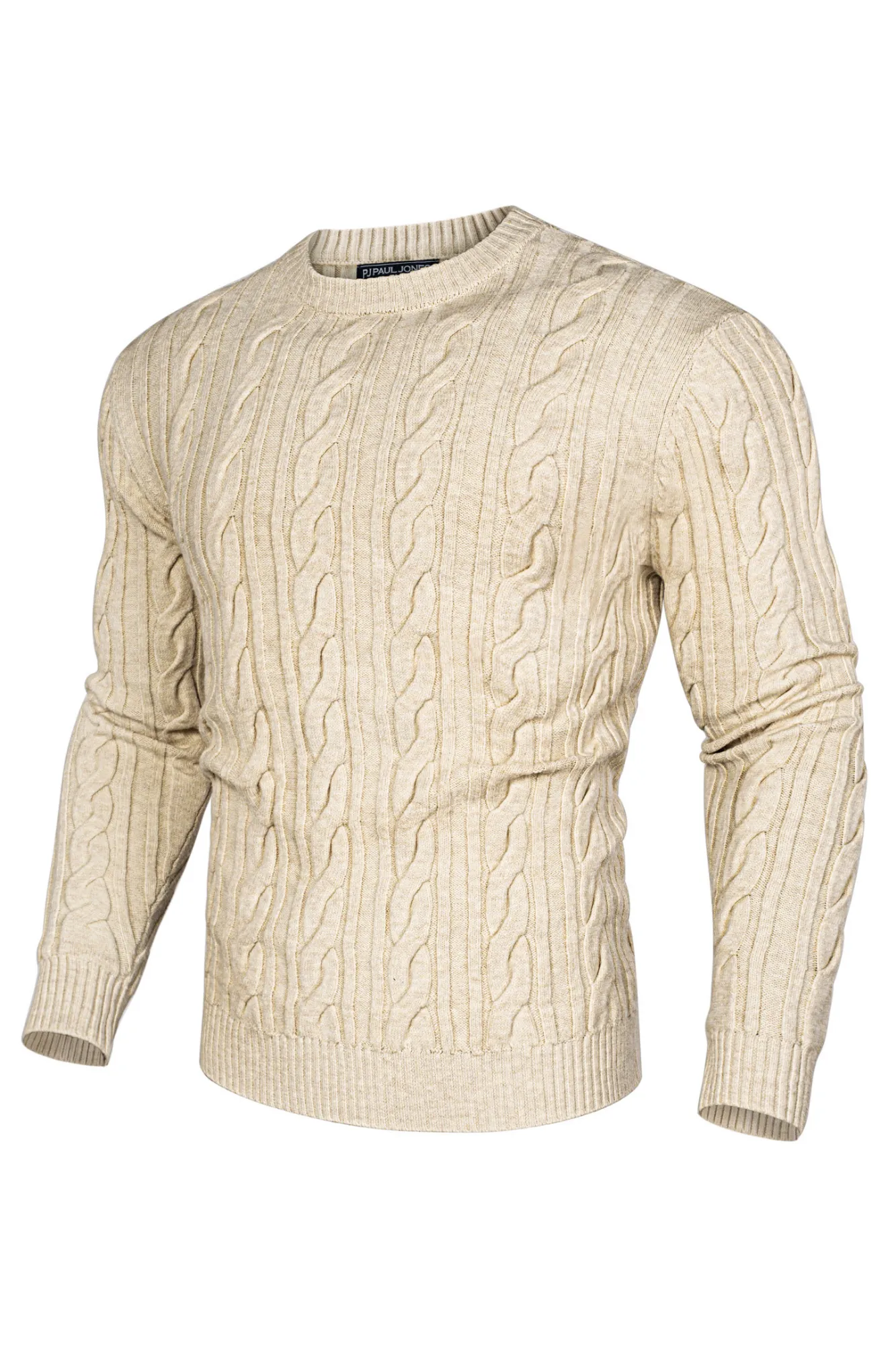 Men Cable Knitted Sweater Long Sleeve Crew Neck Ribbed Cuff Pullover