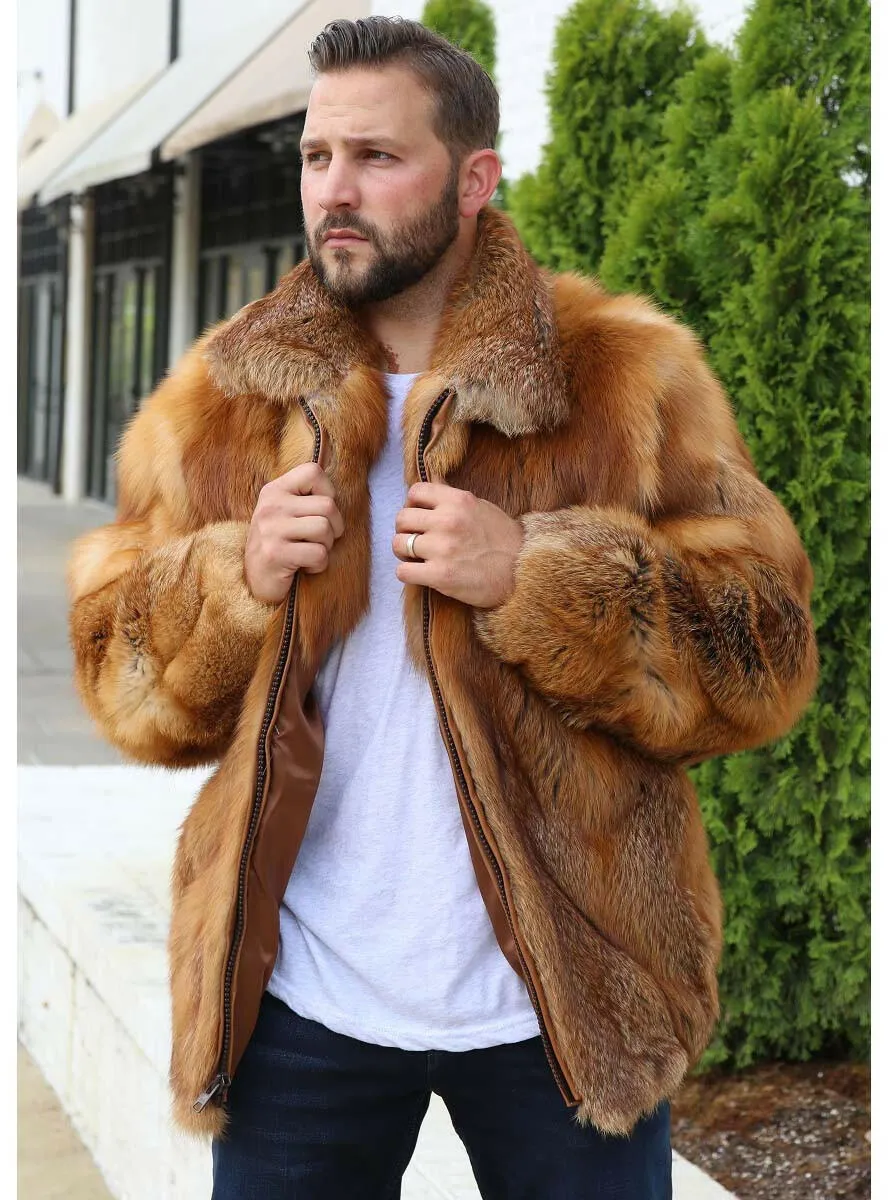 Men's Full Skin Natural Red Fox Fur Bomber Jacket