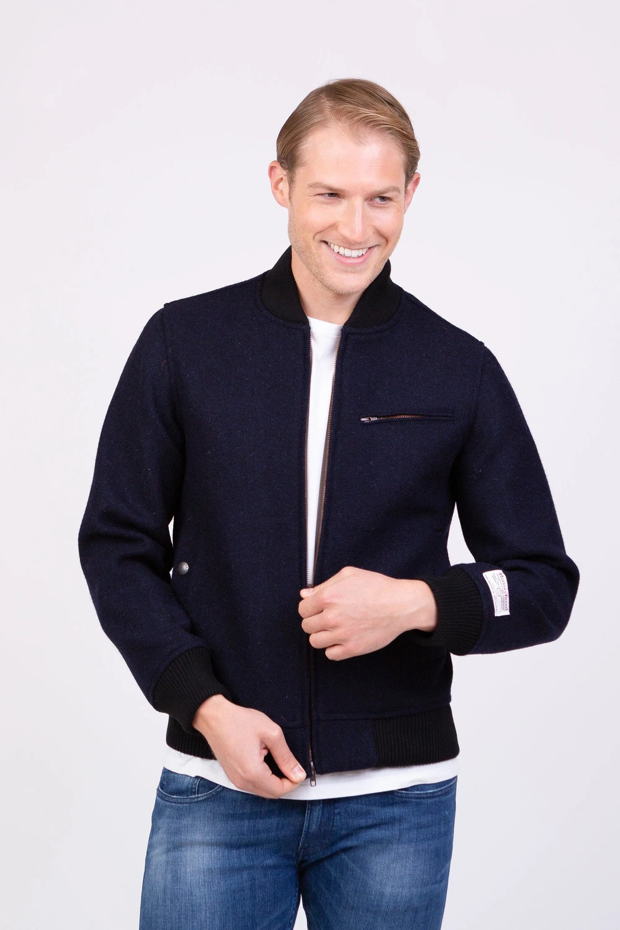 Men's Harris Tweed Bomber Jacket - Dark Navy Twill Solid