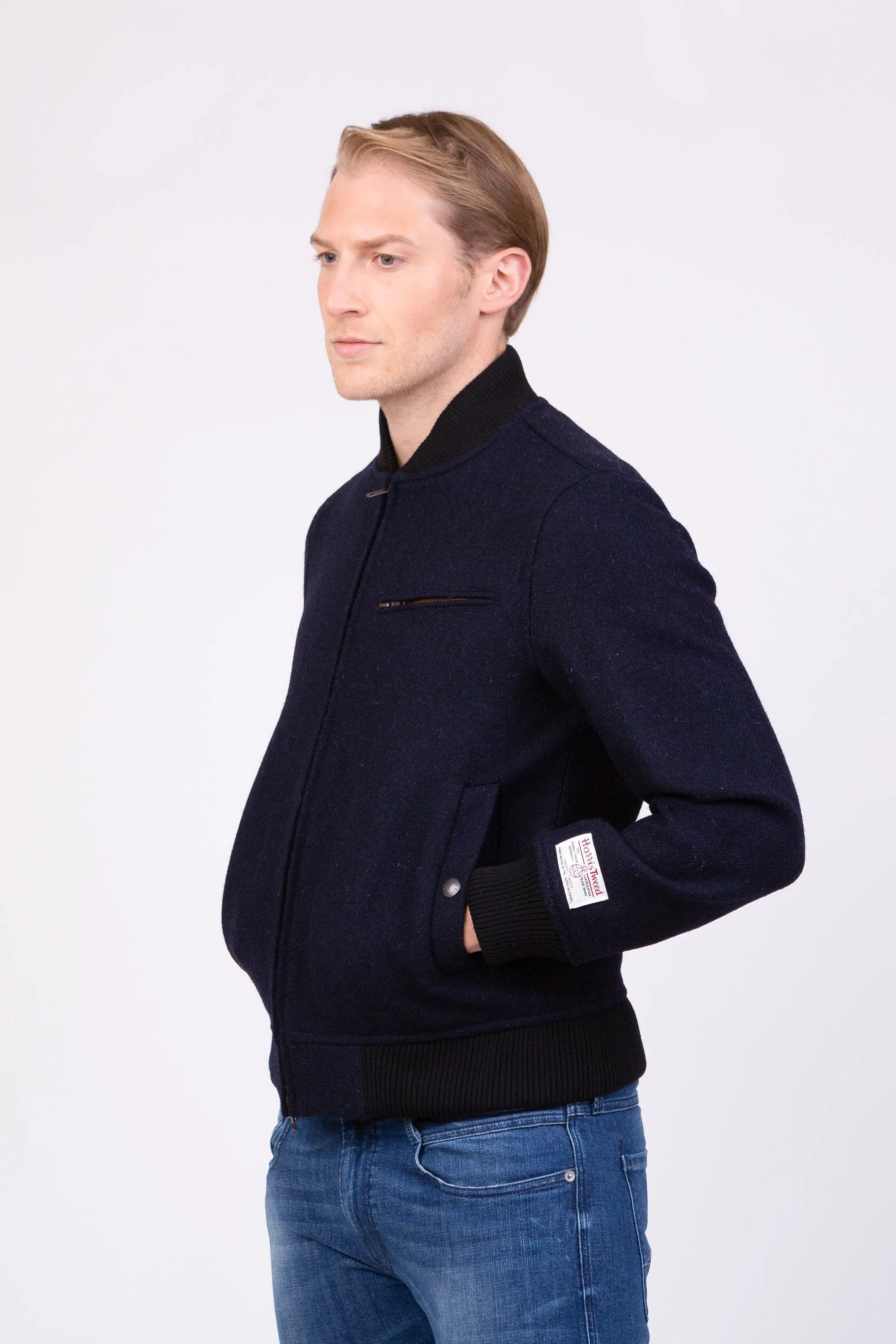 Men's Harris Tweed Bomber Jacket - Dark Navy Twill Solid