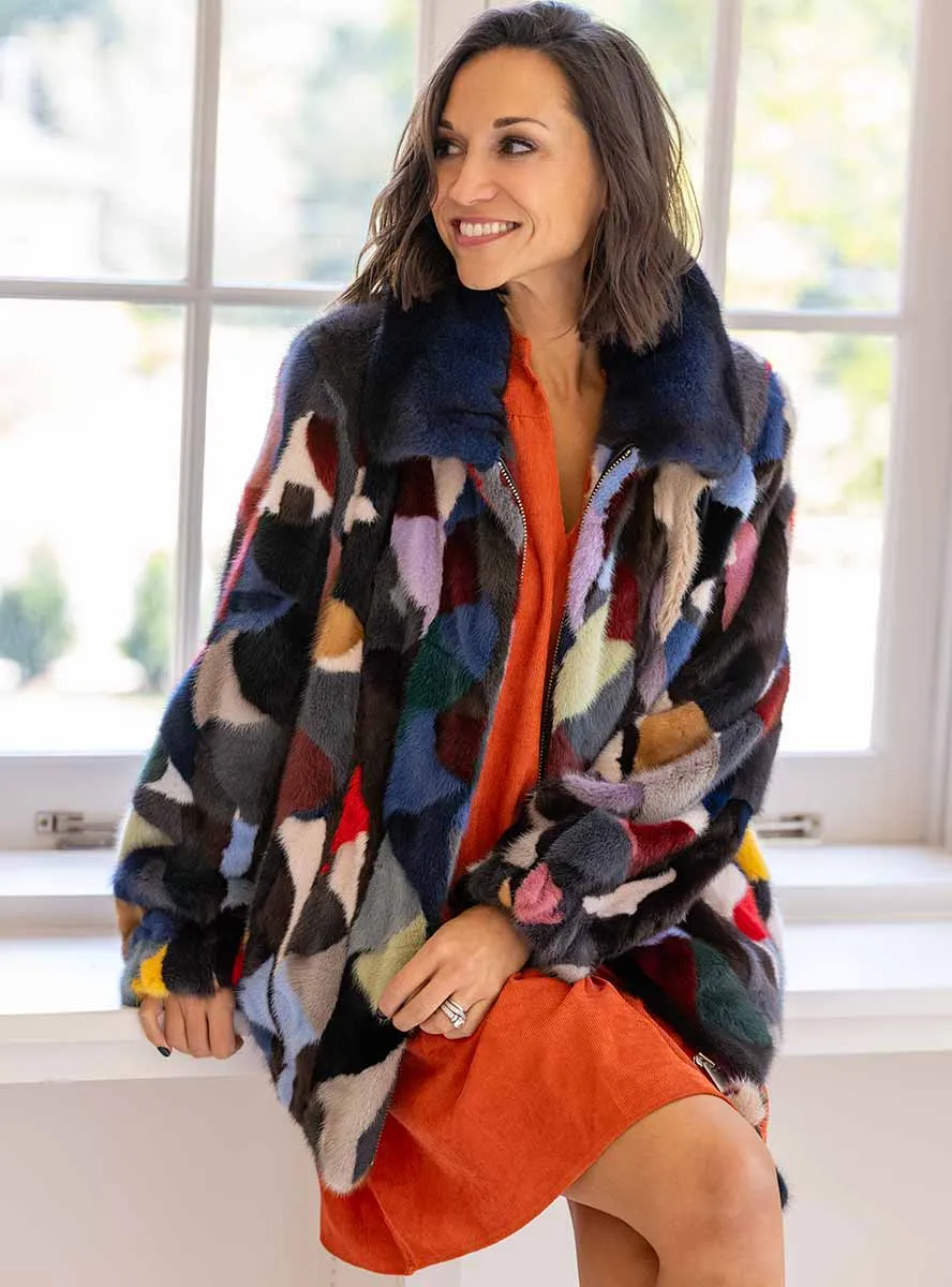 Multicolor Mink Fur Bomber Jacket with Zip Front