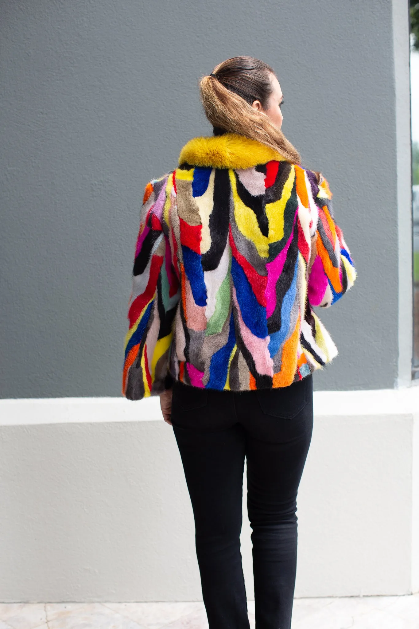 Multicolor Mink Jacket with Fox Collar