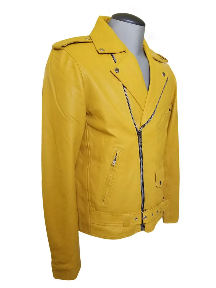 Olson's yellow biker style leather jacket with waist belt