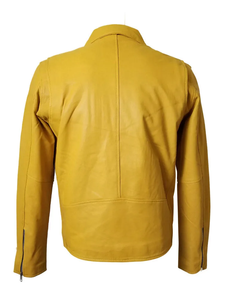 Olson's yellow biker style leather jacket with waist belt