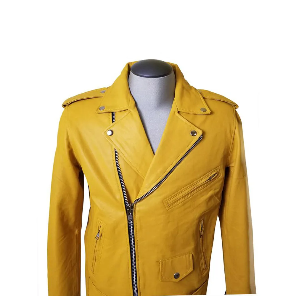 Olson's yellow biker style leather jacket with waist belt