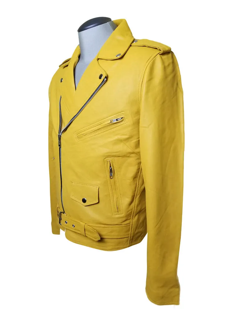 Olson's yellow biker style leather jacket with waist belt