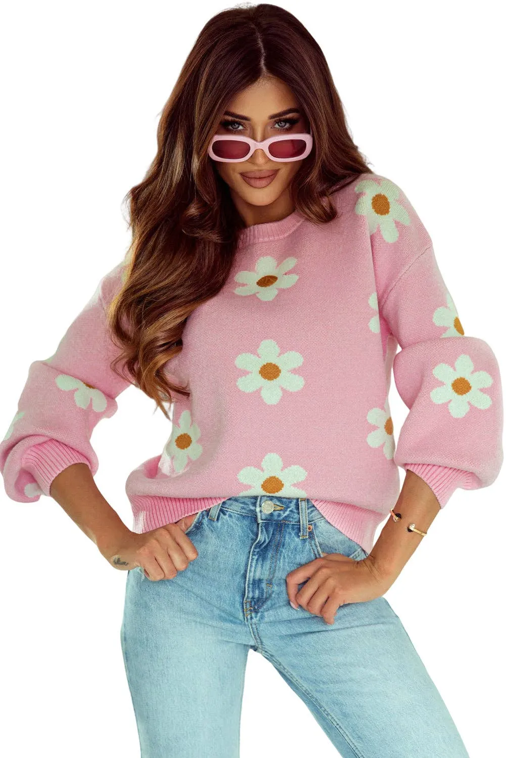 Pink Floral Pattern Drop Shoulder Sweater