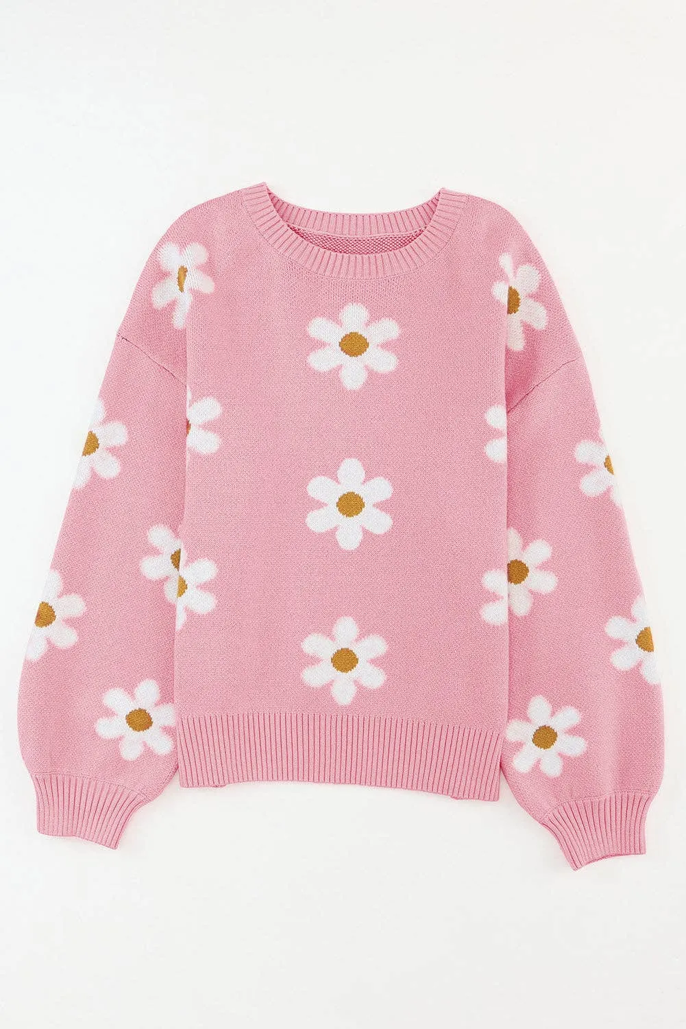 Pink Floral Pattern Drop Shoulder Sweater